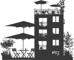 silhouette cafe front yard with umbrellas in the city black color only vector