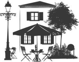 silhouette cafe front yard with umbrellas in the city black color only vector