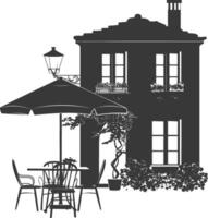 silhouette cafe front yard with umbrellas in the city black color only vector