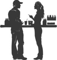 silhouette customer and cashier in supermarket full body black color only vector