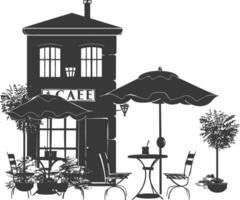 silhouette cafe front yard with umbrellas in the city black color only vector