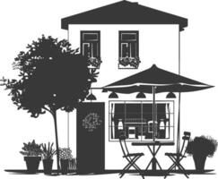 silhouette cafe front yard with umbrellas in the city black color only vector