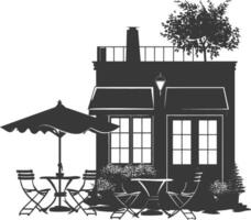 silhouette cafe front yard with umbrellas in the city black color only vector