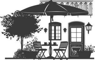 silhouette cafe front yard with umbrellas in the city black color only vector