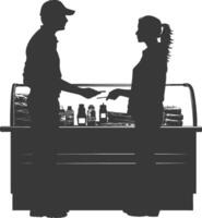 silhouette customer and cashier in supermarket full body black color only vector