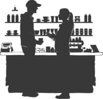 silhouette customer and cashier in supermarket full body black color only vector