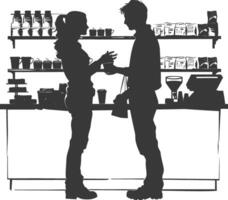 silhouette customer and cashier in supermarket full body black color only vector