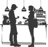 silhouette customer and cashier in supermarket full body black color only vector