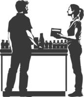 silhouette customer and cashier in supermarket full body black color only vector