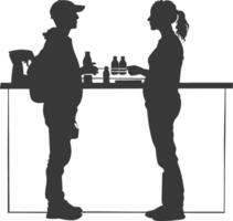 silhouette customer and cashier in supermarket full body black color only vector