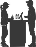 silhouette customer and cashier in supermarket full body black color only vector