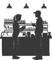 silhouette customer and cashier in supermarket full body black color only vector