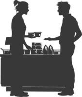 silhouette customer and cashier in supermarket full body black color only vector