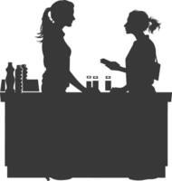 silhouette customer and cashier in supermarket full body black color only vector