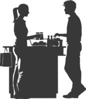 silhouette customer and cashier in supermarket full body black color only vector