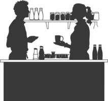 silhouette customer and cashier in supermarket full body black color only vector