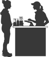 silhouette customer and cashier in supermarket full body black color only vector