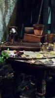 An abandoned room filled with various items scattered on a table video