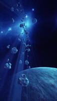 a large cluster of asteroids near an unknown planet, vertical video