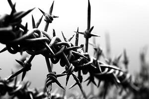 A black and white image showing a close-up of a barbed wire fence, with sharp spikes and twisted metal, symbolizing confinement and border. photo