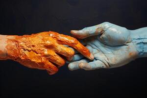 A pair of hands covered in yellow and blue paint interlocked in a gesture of connection and unity. photo