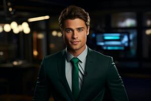 A man in a formal suit and a green tie, a news anchor, stands in the studio in front of the camera. photo