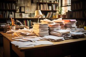 un caótico escritorio cubierto en numeroso documentos y archivos, creando un desestructurado trabajo ambiente. foto