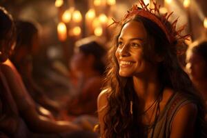 A woman with a flower crown on her head in a casual outfit is smiling happily. photo