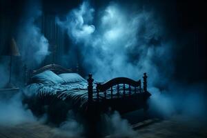 A bed sits in the center of a room engulfed in dense fog, creating an eerie and mysterious ambiance. photo
