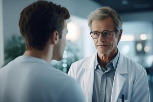 Two doctors, a man in a white lab coat talking to another man in similar clothes, are having a discussion. photo