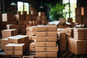 A group of boxes neatly stacked on a table, creating a practical and organized display. photo