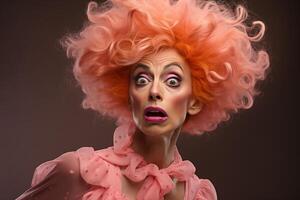 A woman with bright pink hair looks surprised, her eyes wide and mouth slightly open photo