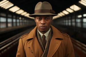 un hombre en un impermeable y sombrero soportes en el plataforma de un vacío tren estación foto