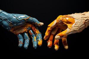 un par de manos cubierto en amarillo y azul pintar entrelazado en un gesto de conexión y unidad. foto