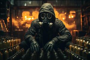 A man in a gas mask in a factory, depicting an atmosphere of industrial pollution and concern for health and safety. photo