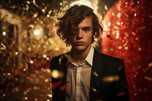 A man dressed in a suit standing amidst falling confetti. photo