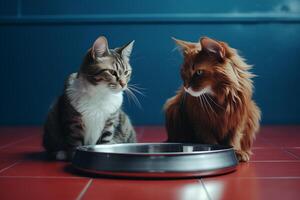 dos gatos sentar lado por lado a el grande plato y esperando para alimento. foto