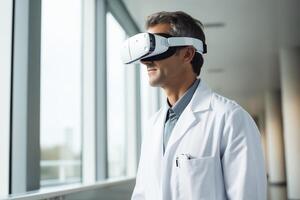 A doctor in a white lab coat uses augmented reality glasses. Application of the latest technologies in medicine. photo