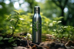 A stainless steel water bottle featuring a green leaf design on its exterior, showcasing a blend of functionality and nature-inspired aesthetics. photo