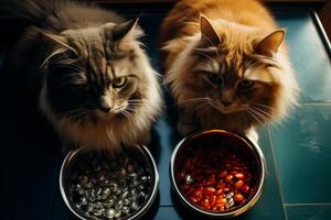 Two domestic cats are seated beside bowls of food, ready to eat. photo