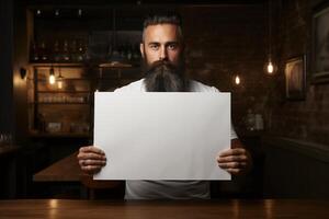 A man with a long beard is straight up holding a paper with free space for text photo