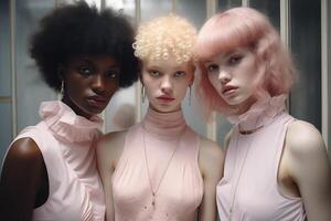 Three women with brightly colored dyed hair standing together in a group, showcasing their unique hairstyles. photo