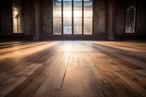 A wooden floor with a bright beam of light shining through, creating a dramatic contrast. photo