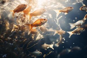 A cluster of fish swimming closely alongside each other in the ocean. photo