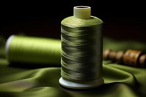 A spool of thread placed on a wooden table, showcasing the simplicity of sewing essentials. photo