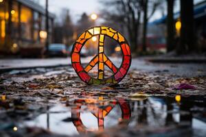 A peace sign crafted from vibrant stained glass pieces, showcasing intricate design and colorful patterns. photo