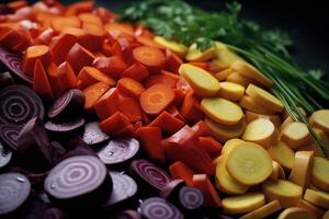 un surtido de diferente Fresco verduras, rebanado y pulcramente arreglado en un plato, exhibiendo colores y texturas foto