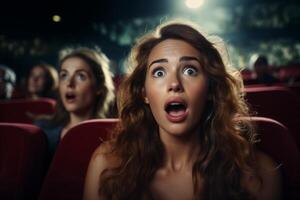 A woman with her mouth open in surprise at a movie theater, captured in a moment of shock or excitement. photo