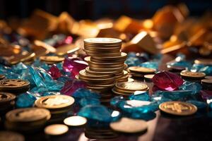 A collection of various gold coins stacked on a wooden table over precious stones. photo