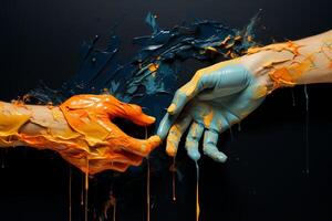 A pair of hands covered in yellow and blue paint interlocked in a gesture of connection and unity. photo